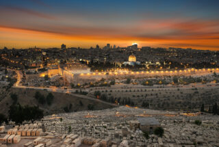 View to Jerusalem old city at sunset. Israel