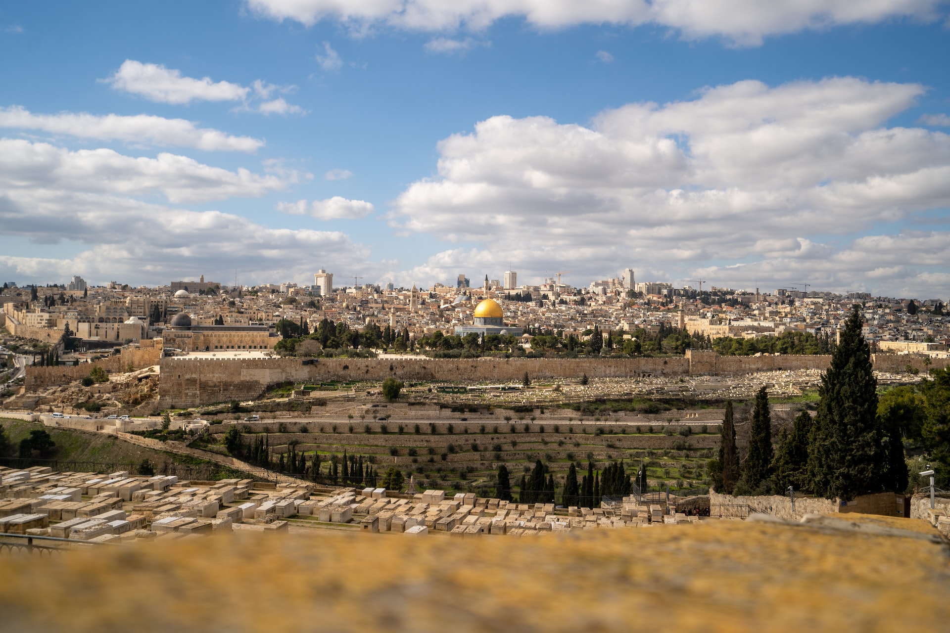 A view of the walls of the old city of Jerusalem, the Temple Mount and Al-Aqsa Mosque from Mt. Scopus in Jerusalem, Israel