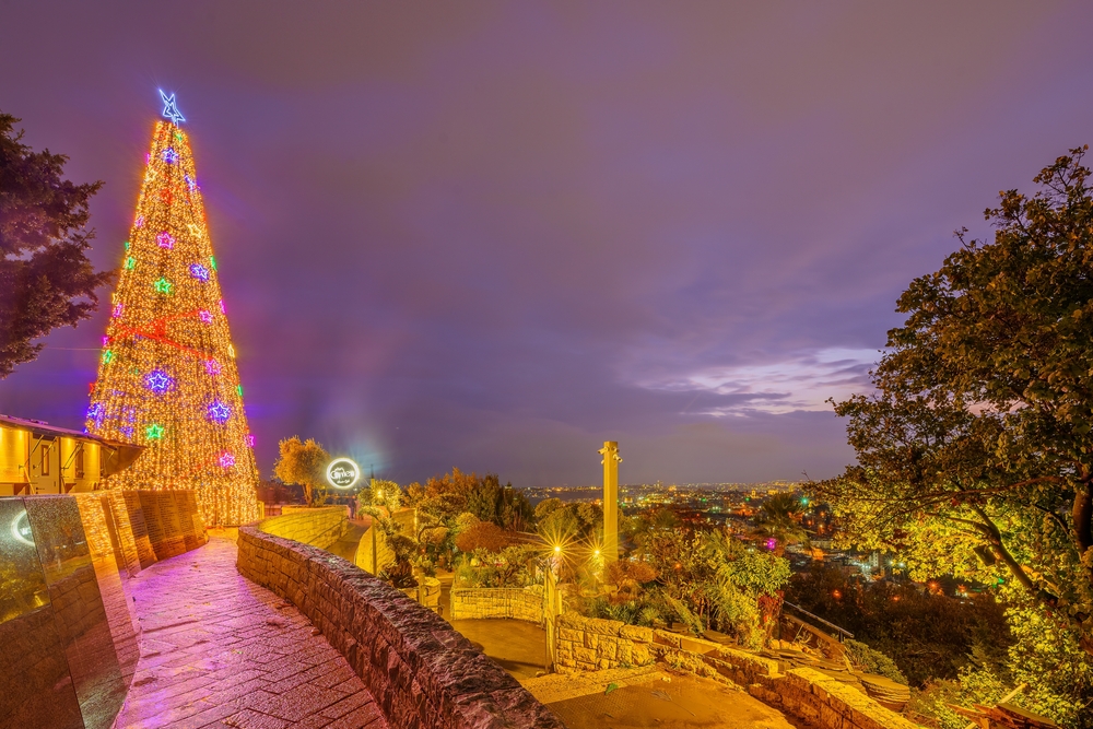 Evening view of a Christmas Tree on Mount Scopus, and the old city in the background